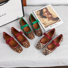 Cyflymder  Mary Jane Flat Bottom Shoes Spring New Style Leopard Print Single Strap Korean Style Women's Low Heel Velvet Surface