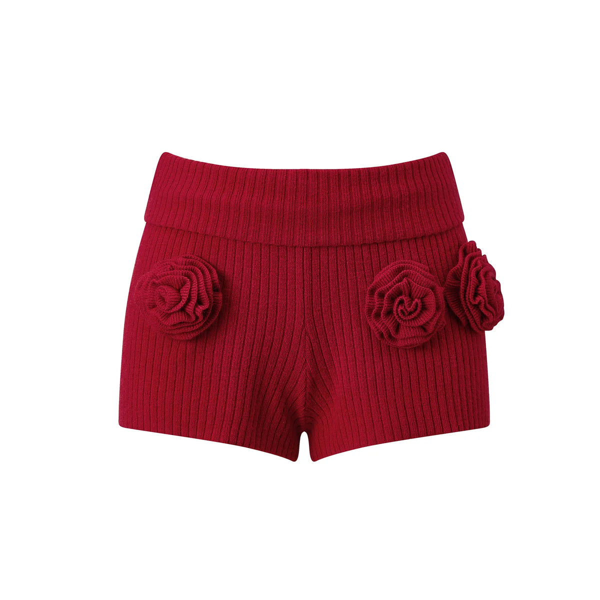 Cyflymder  Women’s 3D Flower Knit Shorts Elastic Waist Foldover Bodycon Shorts Beach Daily Out Going Short Pants Streetwear