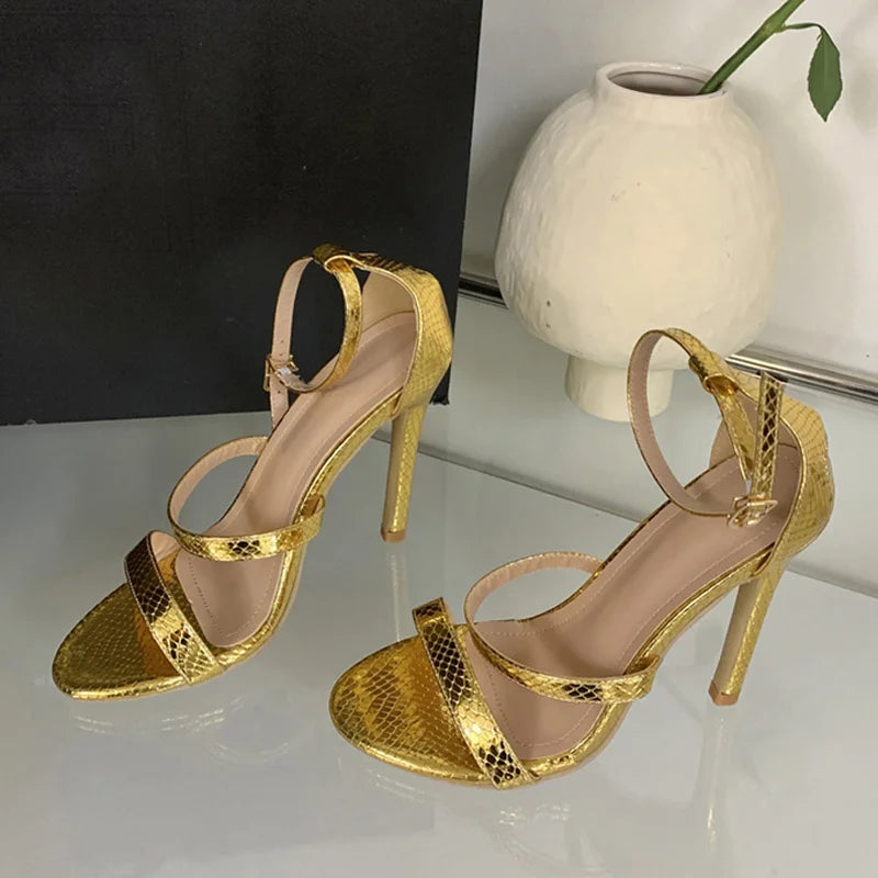 Cyflymder  Gold Snake Print Leather Ankle Strap Sandals Women Summer Fashion Open Toe Gladiator High Heels Party Dress Shoes Size 42