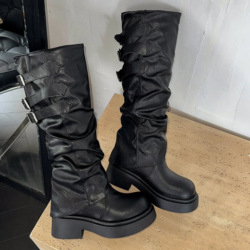 Cyflymder  Vintage Platform Women Knee High Boots Fashion Ladies Belt Buckle Long Booties botas de inverno feminina