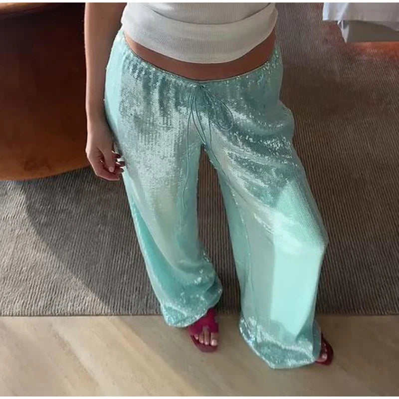 Cyflymder  Loose Solid Color Sequin Pants Woman Cinched Waist Glitter Straight Baggy Long Pants Casual Street Chic Sparkle Women's Trousers