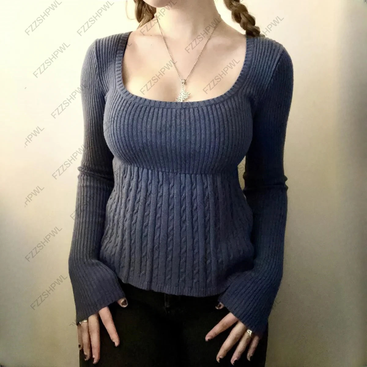 Cyflymder  Women Y2K Square Neck Cable Knit Top Long Sleeve Slim Fit Ribbed Knitted Tee Casual Retro Solid Color Fall Winter Basic Sweater