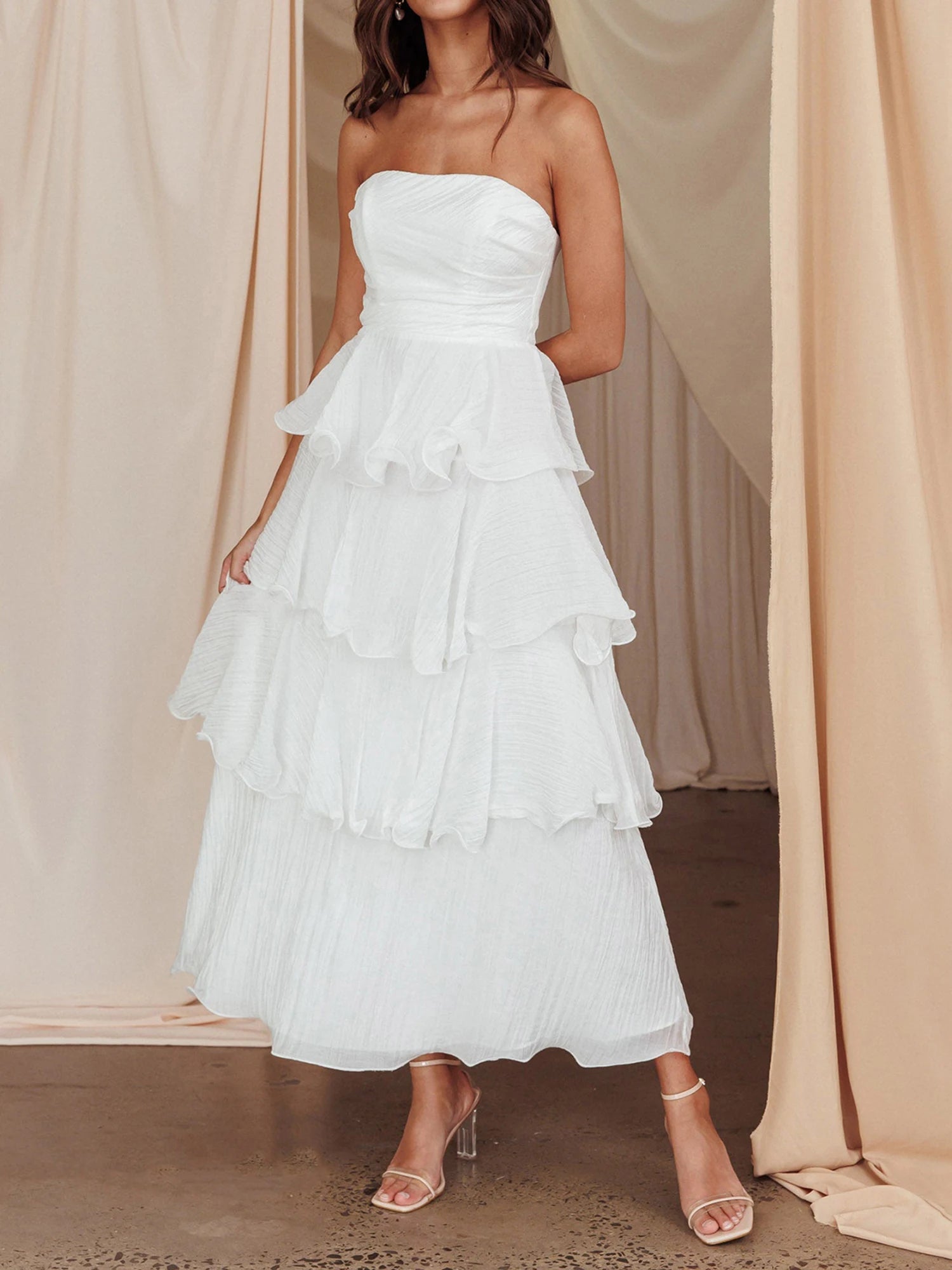 Cyflymder  Ruffled Tube Top Long Dress for Women Summer Solid Color Backless Strapless Sleeveless Tiered Cake Dress