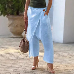 Cyflymder  Women's Baggy Pants Cotton Linen Harem Woven Trousers High Waist Pocket Crop Pants Wrap Front Cropped Wide Leg Pants Solid