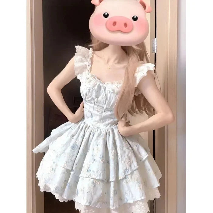 Cyflymder  Floral Print Princess Skirt Dress Women Summer New Style Fairy Tale Puffy Sleeve Short Waist Cinched Dresses Female Clothing