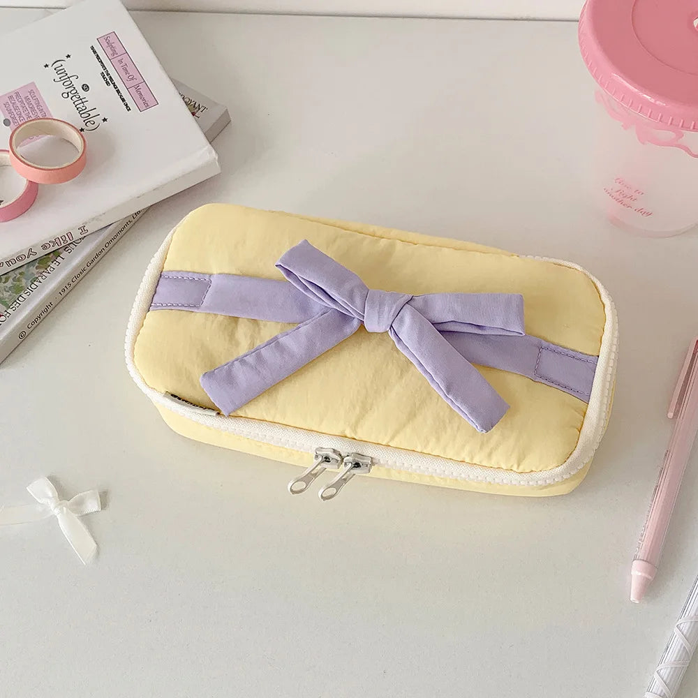 Cyflymder  Pastel Balletcore Fluffy Soft Pen Pencil Case for Girls Bow Stationery Pouch High Capacity Stand Up Zipper Cosmetic Bag