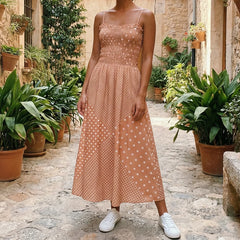 Cyflymder  Women Polka Dot Print Dress Shirred Sleeveless Spaghetti Strap Maxi Dress Beach Vacation Party Night Cocktail Dress