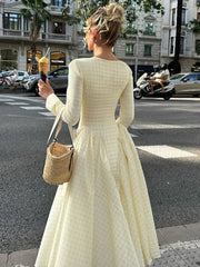 Cyflymder  Plaid Long Sleeve Pleated Maxi Dress For Women Autumn Fashion Square Collar High Waist A-line Club Party Long Dress New