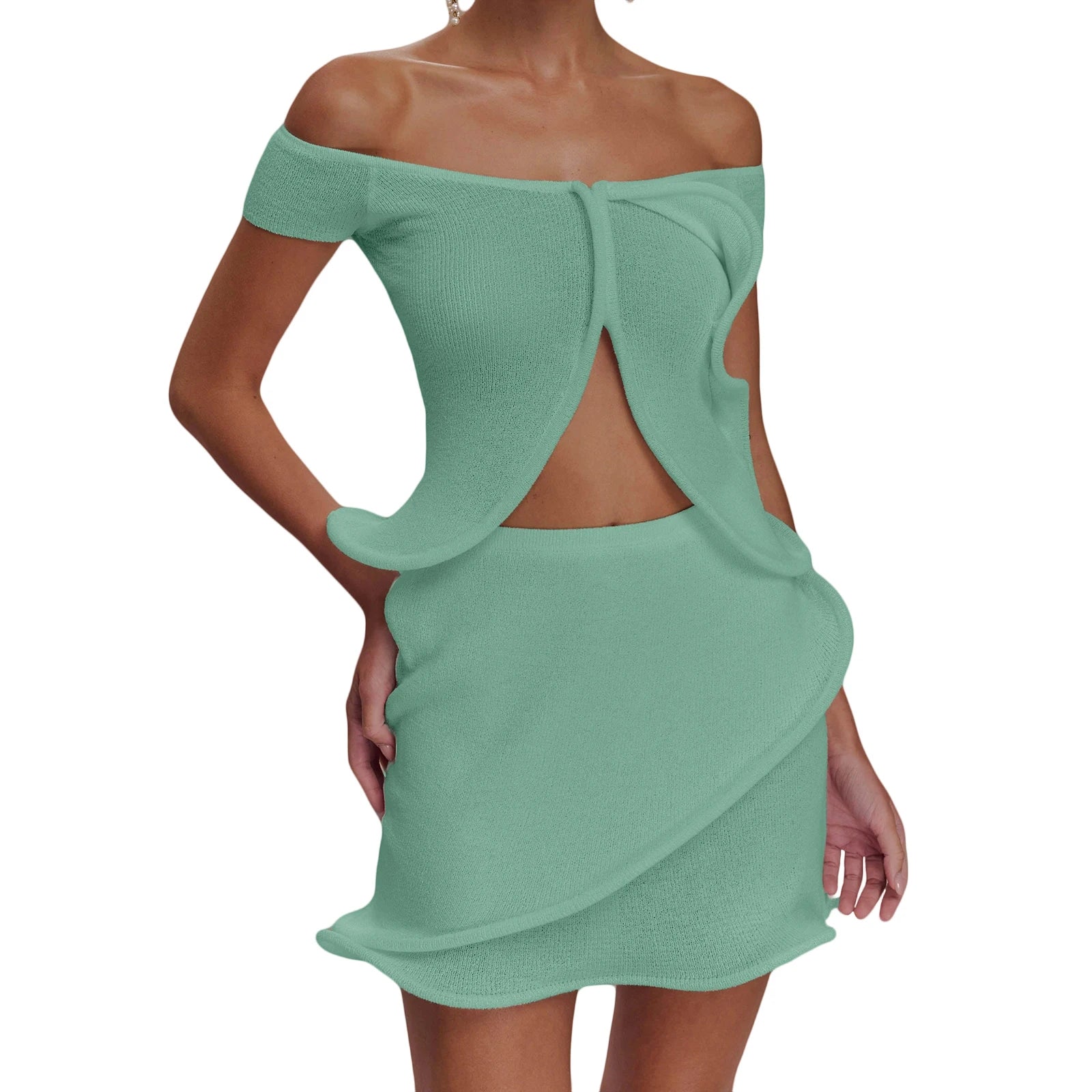Cyflymder  Women Knit Set y2k Clothes Off Shoulder Short Sleeve Slit Crop Top with High Waist Skirt Beach Party Clothing Clubwear