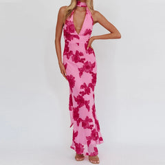 Cyflymder  Women Print Floral Maxi Dress Spaghetti Strap Slip Dress Y2k Bodycon Backless Going Out Long Sundress Evening Cocktail Party