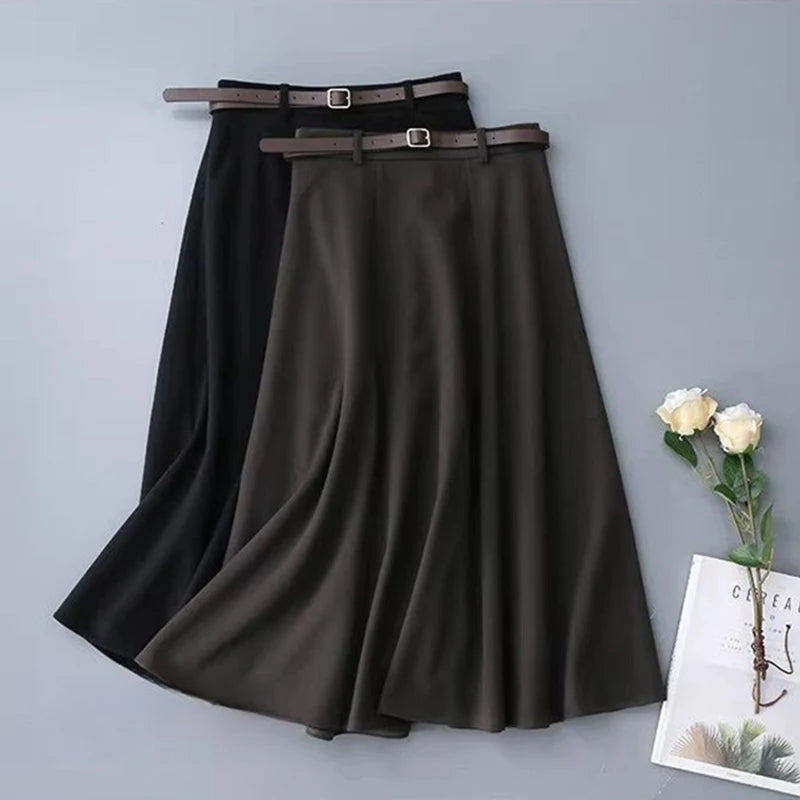 Cyflymder long skirt outfit winter Vintage Belt Woolen Midi Skirt Women Black Pleated Skirts Fall Winter Ladies Korean Elegant High Waist All Match A Line Skirt