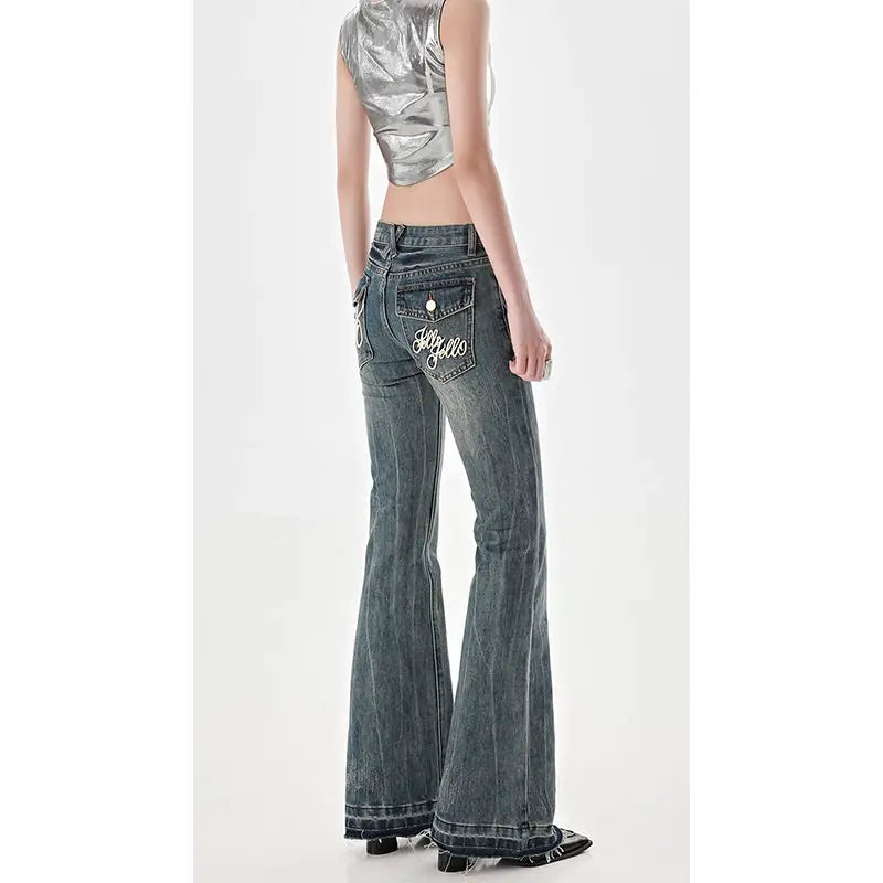 Cyflymder American High Street Spicy Girls Low Waist Jeans Women Autumn Vintage Y2k Design Sense Slim Fit Straight Tube Micro Flare Pants