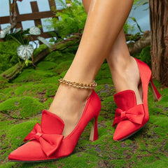 Cyflymder  EUR Size 42 Satin RosyRed High Heeled Pumps Sexy Pointed Toe Bow Tie High Heels Slip On Red Party Shoes Women