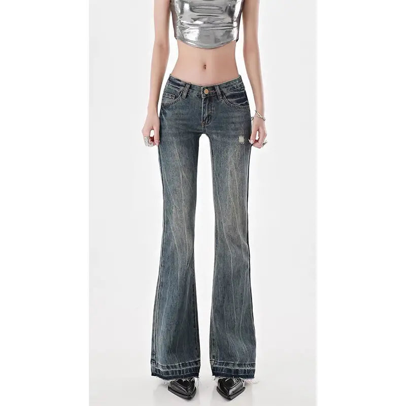 Cyflymder American High Street Spicy Girls Low Waist Jeans Women Autumn Vintage Y2k Design Sense Slim Fit Straight Tube Micro Flare Pants
