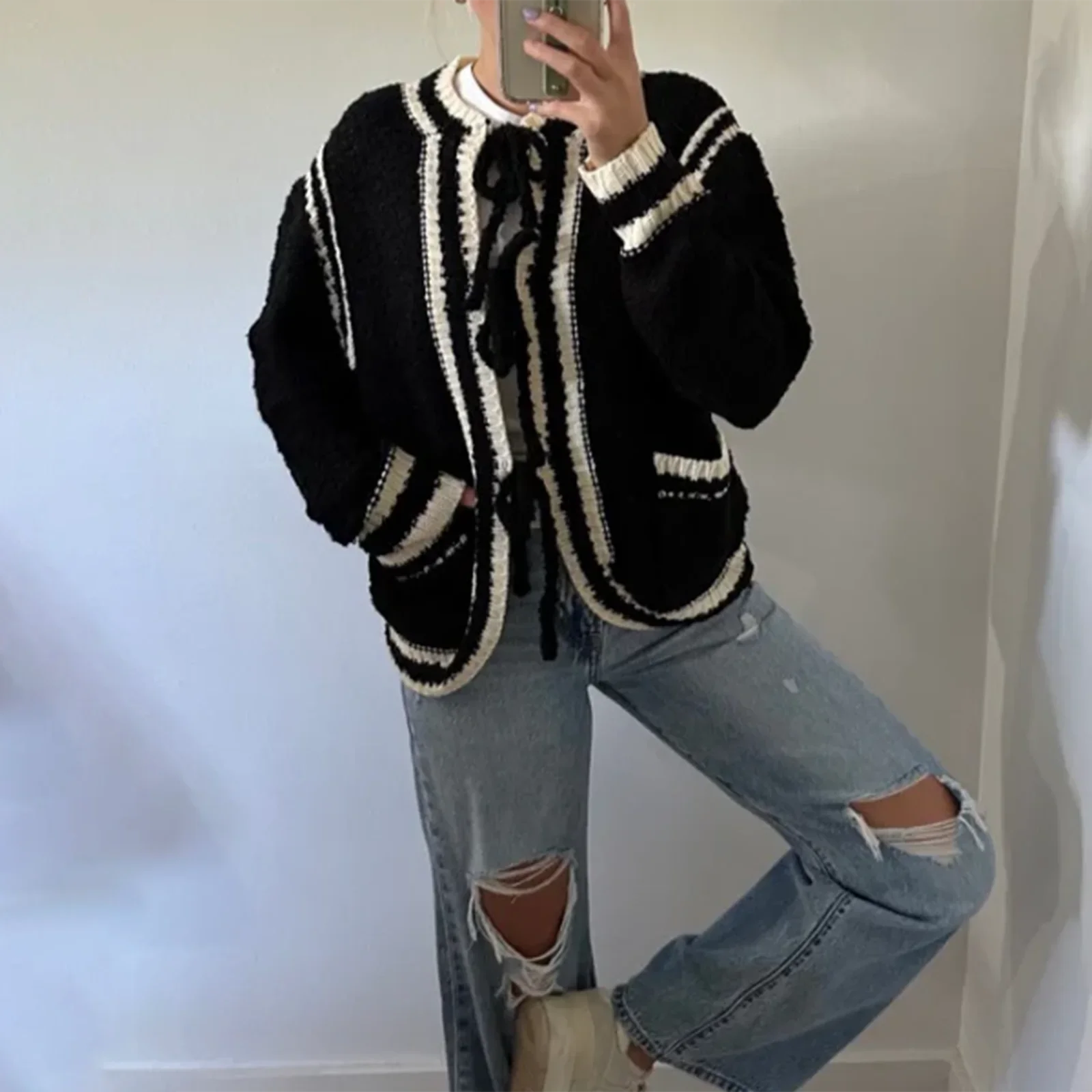 Cyflymder  Women Y2k Tie Front Knitted Cardigan Sweater Long Sleeve Open Front Oversized Cardigan Knitwear Tops 00s Vintage Streetwear