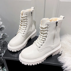 Cyflymder Women's Short Plush Warm Ankle Boots Winter Waterproof PU Leather Snow Boots Women Non-Slip Lace Up Platform Combat Booties