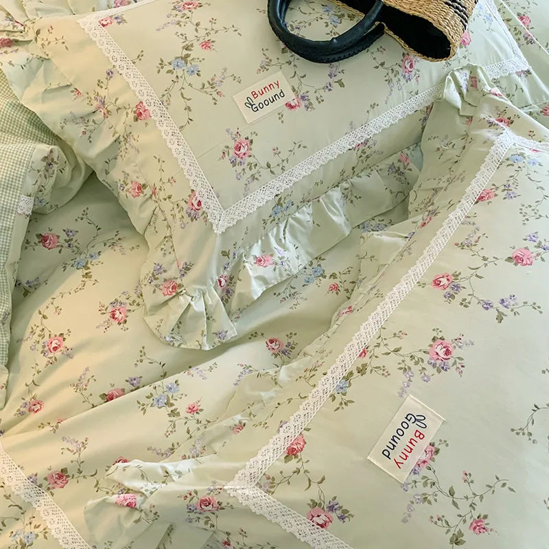 Cyflymder  100% Cotton Spring Garden Flowers Botanical Chic Ruffles Soft Comfortable Double Queen (1Duvet Cover+1Bed Sheet+2Pillowcases)