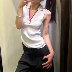 Cyflymder  French American Retro Knitted Sleeveless Neck Hanging Vest Women Summer New Color Collision Outerwear Top Polyester Blend