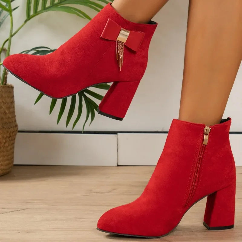 CyflymderAnkle snow outfits Boots for Women Winter New Suede Red Women's Boots Comfortable Chunky Platform High Heels Ladies Elegant Dress Shoes