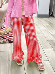 Cyflymder  Fashion Womens Plaid Print Pants Ruffles Legs Gingham Wide Leg Loose Casual Pull On Trousers Y2K Retro Chic Going Out Pants