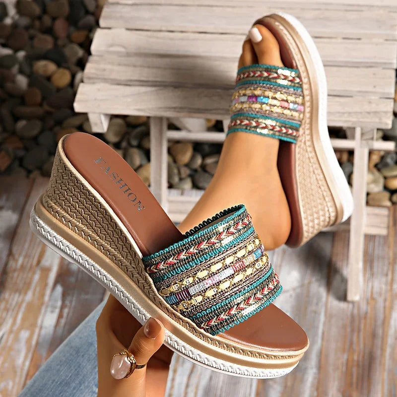 Cyflymder  Bohemian Striped Braided Wedge Sandals Women Summer Thick Sole Outdoor Beach Slides Woman Plus Size Fashion Platform Slippers