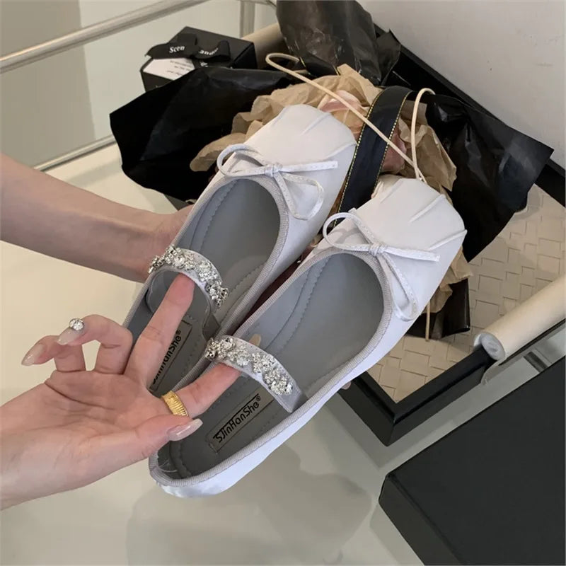 Cyflymder  Summer Shoes Ladies Female Footwear Crystal Casual Sneaker Bow-Knot Shallow Mouth Ballerinas Woman 2025 Square Toe Dress Rhinest