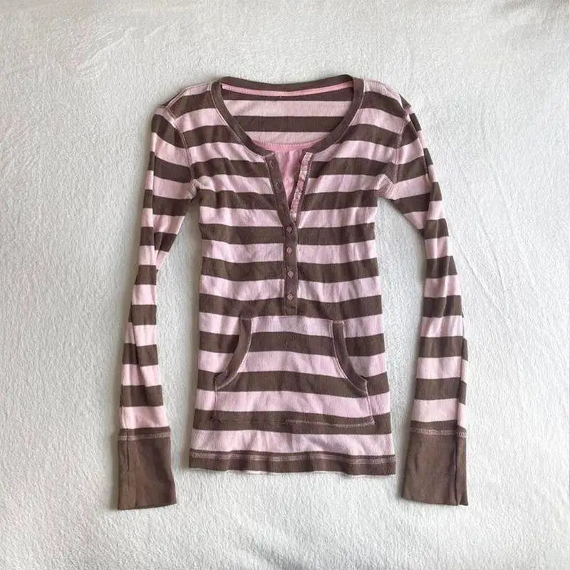 Cyflymder  Vintage Fashion Korean O Neck Long Sleeve Autumn All Match Basic Pullover Y2k Half Buttons and Pockets Design Tops Punk Clothe