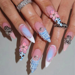 Cyflymder  24pcs Sweet Cool Press on Nails 3D Carved Flower Design Long Almond Fake Nails for Women Girls Wearable French False Nails