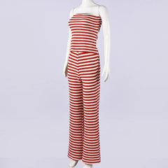 Cyflymder  New Spring Summer Striped 2 Piece Set Women Casual Strapless Sleeveless Back Lace-up Crop Top and Pants Matching Outfit