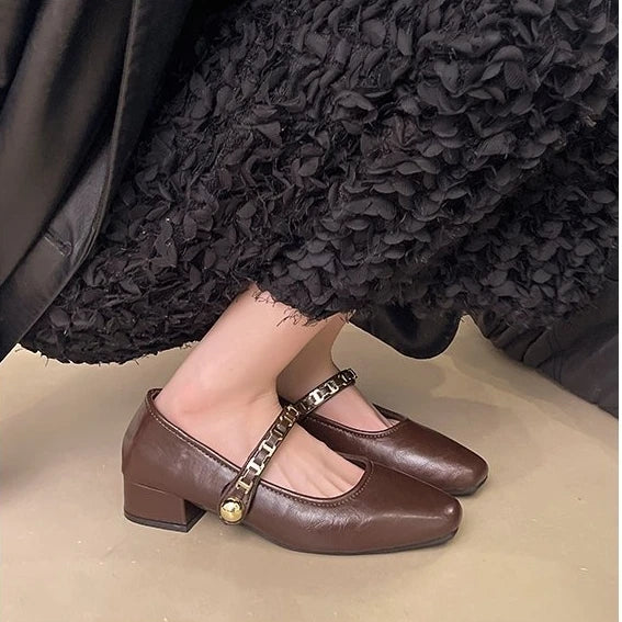 Cyflymder  Retro low-heeled single shoes for women, new summer fashion gold buckle square toe comfortable high-heeled leather shoes