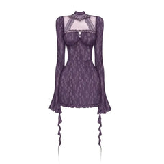 Cyflymder  Sweet Hot Girl Pure Sexy Purple Lace Halter Dress Women's Autumn and Winter Slim Flare Sleeve Wrap Hip Dress Female Clothes