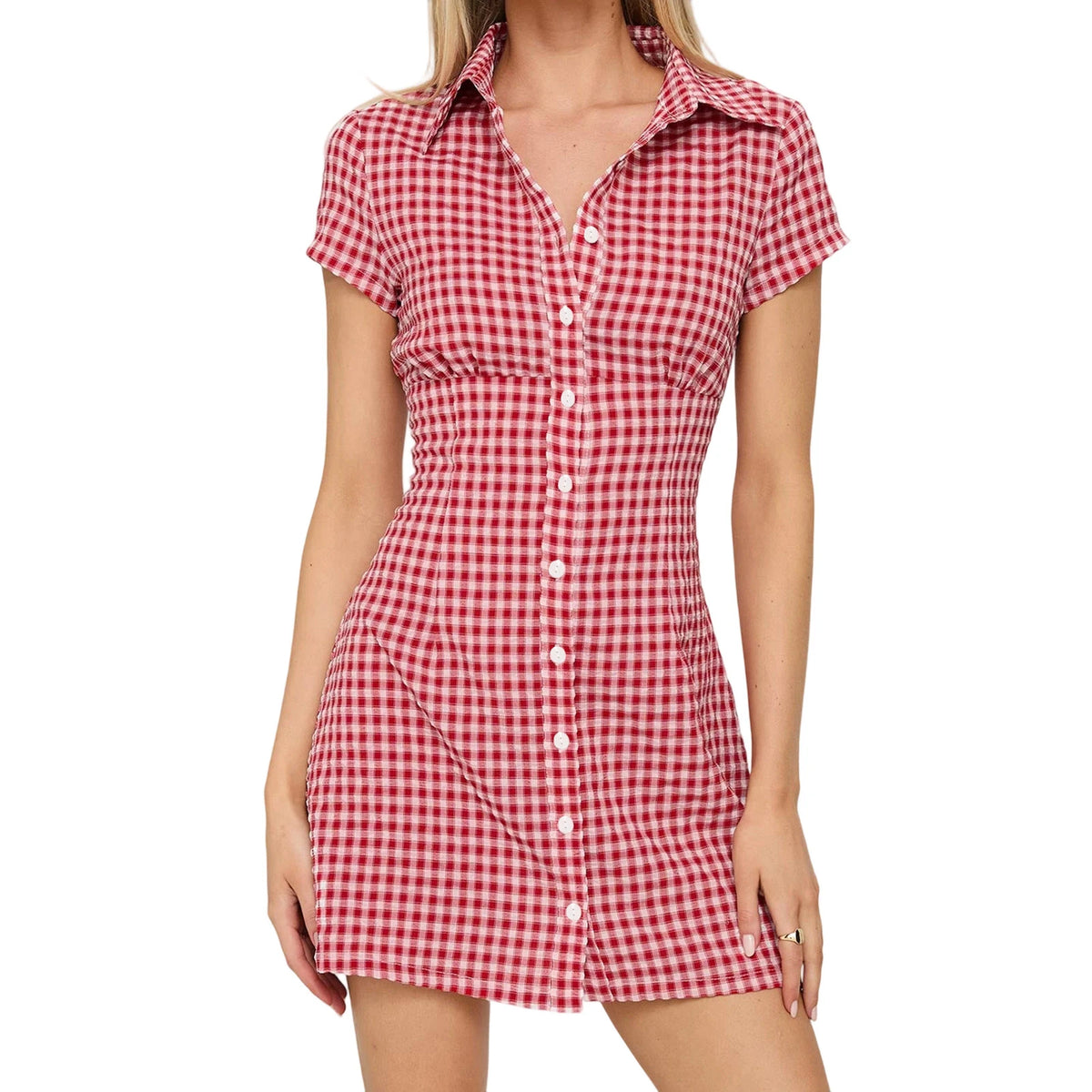 Cyflymder  Women Plaid Shirt Dress  Fit Collared Short Sleeve Button-up A-line Mini Dress Casual Summer Streetwear with Belt
