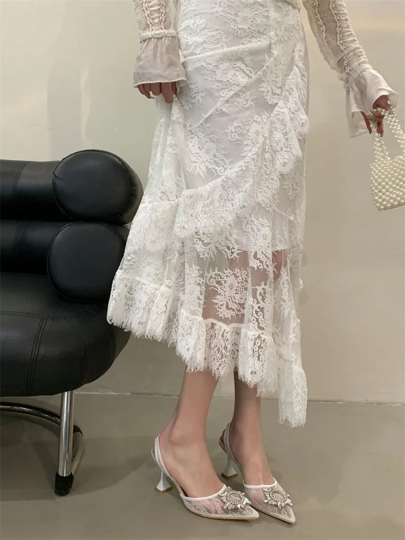 Cyflymder  Lace Denim Women's Buckle Strap Rhinestone Sandals Female Shoe High Heels Laces Girls 2025 Comfort High-heeled Closed Spring