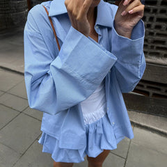 Cyflymder  Lattice Shirt Flower Buds Pants Suit Women's Spring Summer New Fashion Solid Lazy Long-Sleeved Shirt Skort Suit Female