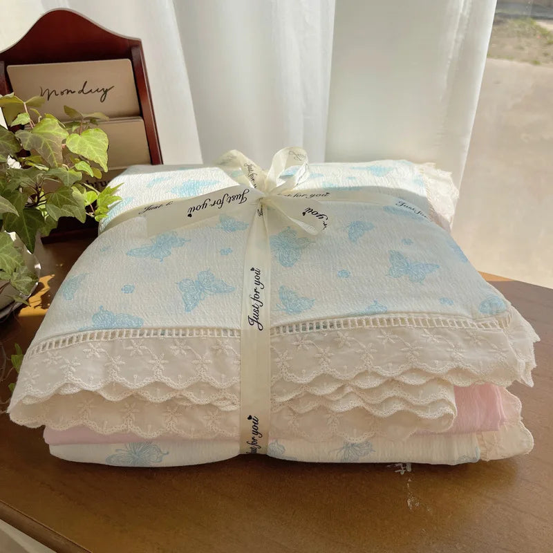 Cyflymder  New A-Class Hollow Lace Bedding Set Fitted Sheet Quilt Cover Pillowcase for Spring Summer Korean Skin Friendly Cozy Bedclothes