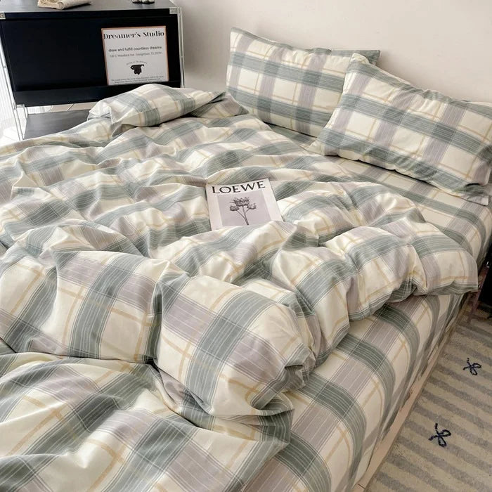 Cyflymder  Fashion Pure Cotton Grid Pattern Bedding Sets Skin Friendly Comfortable Bed Sheet Set for Adults Dormitory Home Quilt Cover Kit