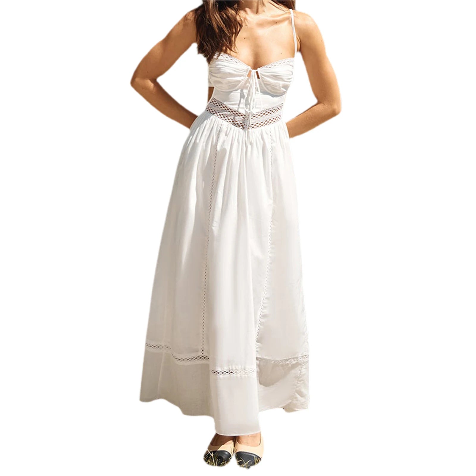 Cyflymder  Elegant Lace Sleeveless Maxi Dress with V-Neckline and Open Back Detail for Evening Cocktail Wedding Party Wear