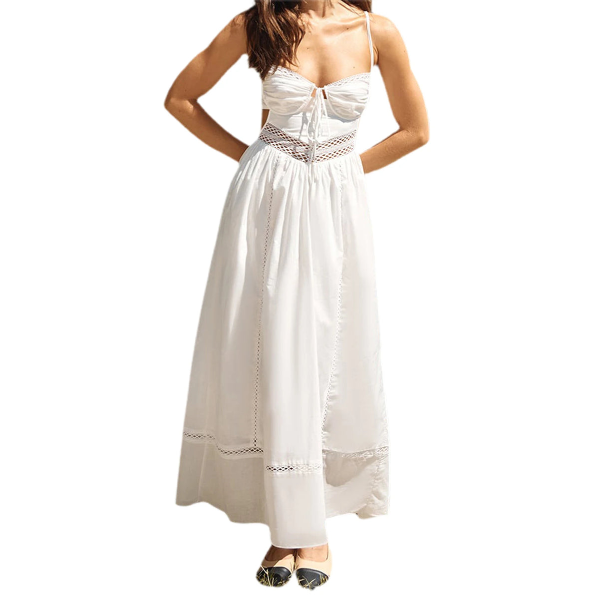 Cyflymder  Elegant Lace Sleeveless Maxi Dress with V-Neckline and Open Back Detail for Evening Cocktail Wedding Party Wear