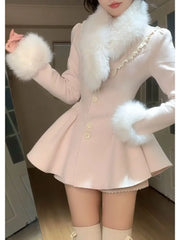 Cyflymder  Coquette Sweet Elegant Woolen Mini Dress Set Women Fur Trim Collar Cuff Ruched Button Slim Fit Shorts Dress Elegant Party Outfit