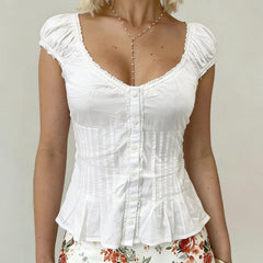 Cyflymder  Women Y2k Coquette Shirts Short Sleeve U Neck Button Ruffle Lace Patchwork Fairy Grunge Going Out Tops Tees