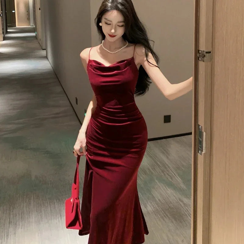 Cyflymder DRESS TO IMPRESS Vintage Sexy Club Prom Red Dresses for Women Spaghetti Strap Slit Velvet Dress Beach Bandage Bodycon Midi Dress Party Elegant