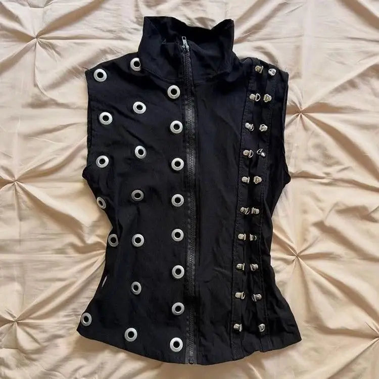 Cyflymder   Black Metal Ring Decorative Sleeveless Vest Unisex Summer Y2k Niche Design Slim-fitting Vests Top Ins