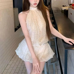 Cyflymder  Stylish French Style Polka Dot Halter Dresses Female Clothing Sleeveless Summer Elegant Waist Aura Backless Ball Gown Mini Dress