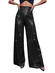 Cyflymder Women Sequin Flare Pants Sparkly High Waist Wide Leg Bell-bottom Trousers Slim Party Club Shiny Pants Clubwear