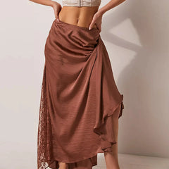 Cyflymder  Fashion Women's Midi Skirt Low Waist Patchwork Lace Satin Skirt with Lace Flower Y2K Vintage Skirt for Summer Hoiday