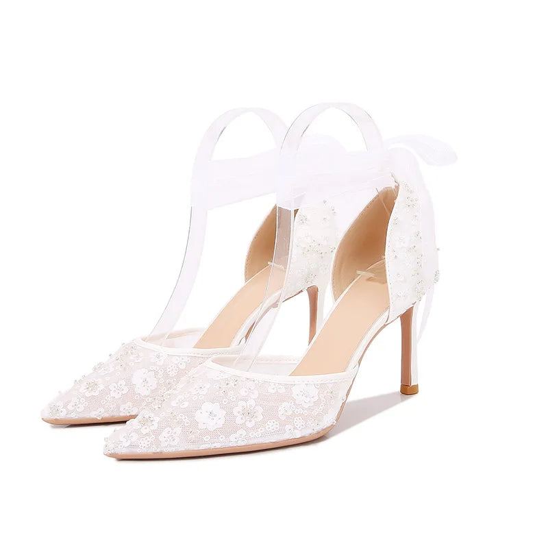 Cyflymder Size 33-42 Summer Beaded Women White Wedding Shoes Ankle Strap Pointed High Heel Pumps