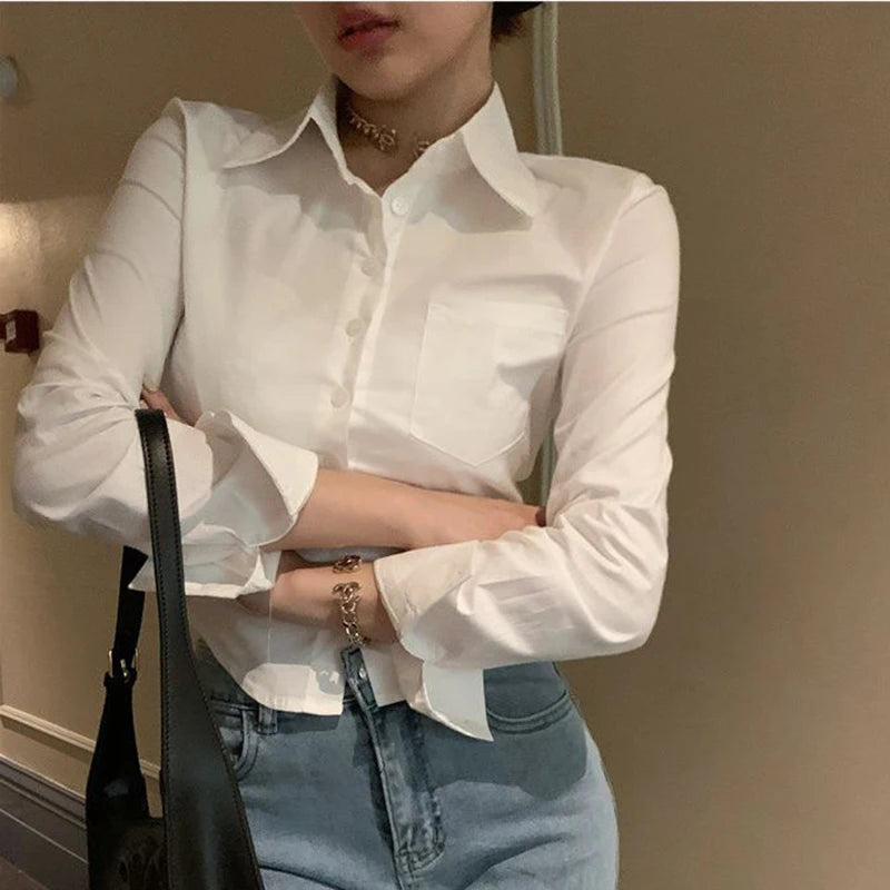 Cyflymder Korean White Office Women Chiffon Shirt Pocket Button Lapel Ladies Blouse Spring Commuter Long Sleeve New Female Crop Tops