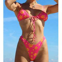 Cyflymder  Y2k Fashion Printing Bikini Push Up Swimwear Women Sexy Lace Up Triangle Thong Swimsuit New American Style Retro Beachwear