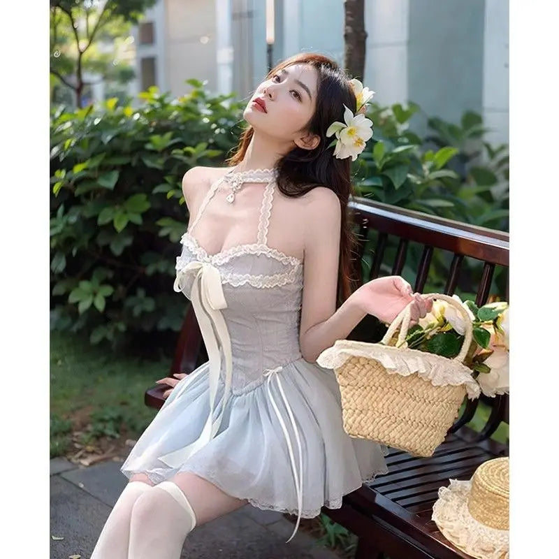 Cyflymder  Spring Summer Dress Women Sweet Kawaii Slim Mini Dress Y2k Fluffy Harajuku Sexy Dresses Off-shoulder Party Birthday Wedding Gown