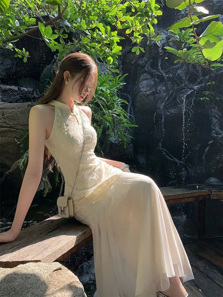 Cyflymder  Chinese Style Jacquard Cheongsam Women Spring Halter Dress